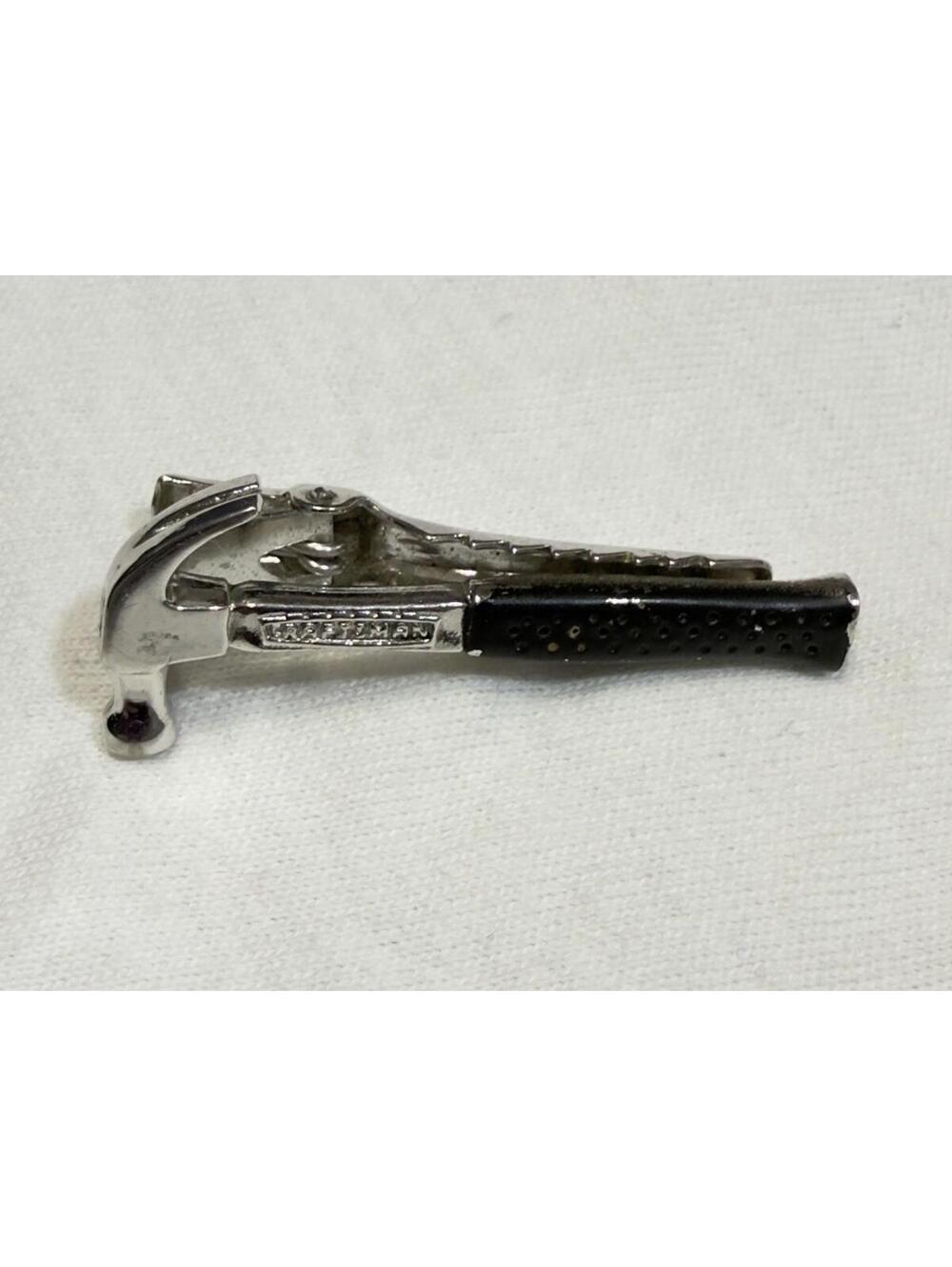Vintage Craftsman Hammer Tie Clip Tie Bar Silver Tone Black Handle